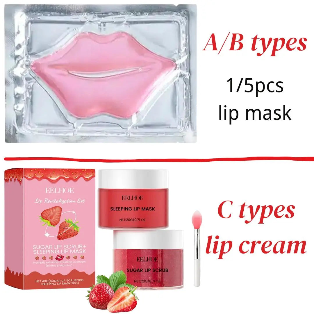 Masque à lèvres au collagène, masque de sommeil aux fraises, baume hydratant, patchs nourrissants pour les lèvres, tampons en Gel, crème de soin pour la peau
