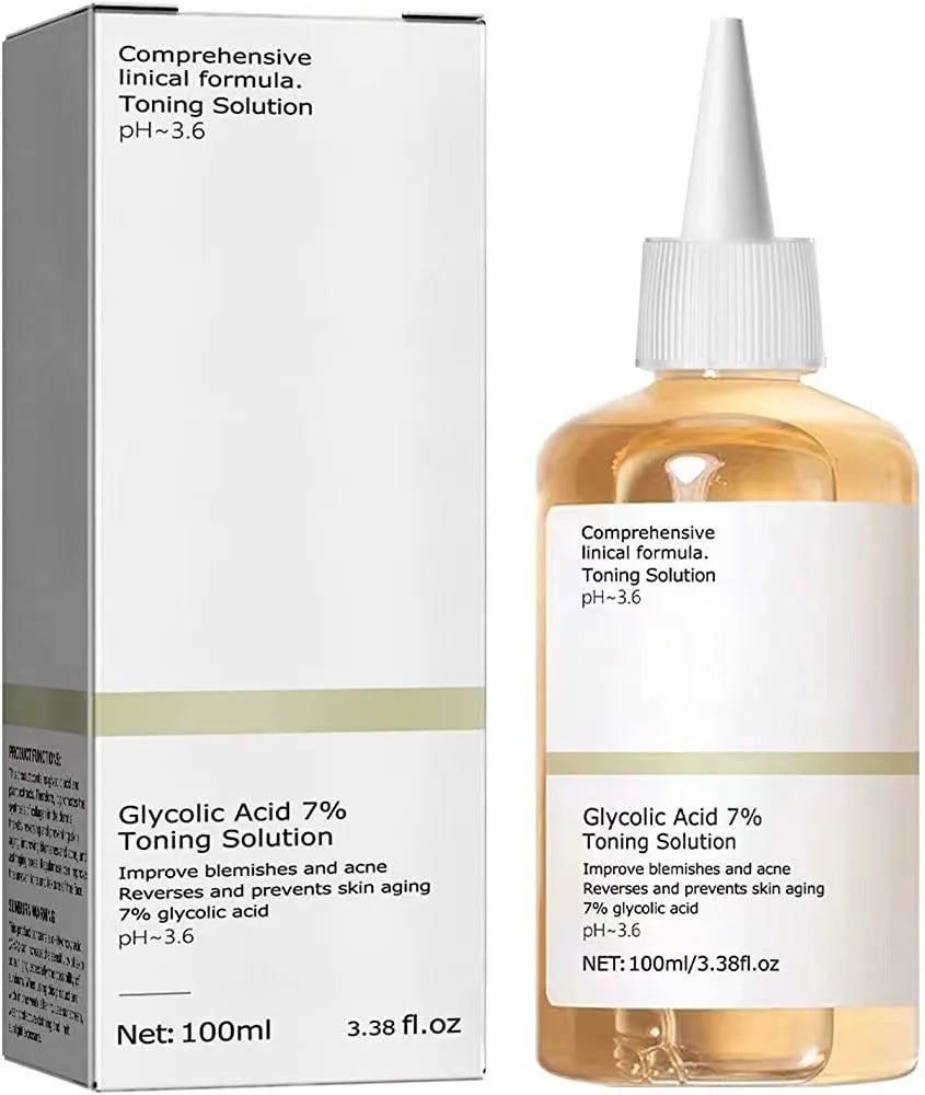 Solution tonifiante à l'acide glycolique 7%, 100ml, pour éliminer l'acné et hydrater la peau, Lotion rajeunissante